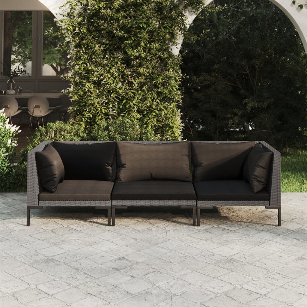 Set Divani da Giardino 3 pz con Cuscini Polyrattan Grigio Scuro