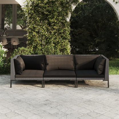 Set Divani da Giardino 3 pz con Cuscini Polyrattan Grigio Scuro