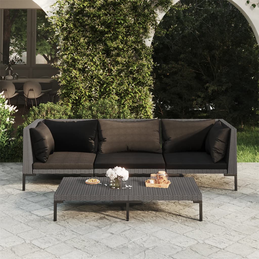 Set Divani da Giardino 4 pz con Cuscini Polyrattan Grigio Scuro
