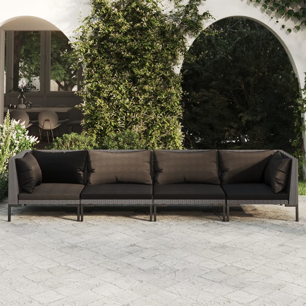 Set Divani da Giardino 4 pz con Cuscini Polyrattan Grigio Scuro