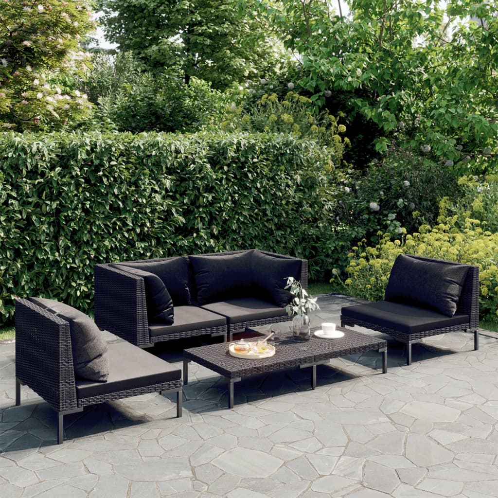 Divani da Giardino 5 pz con Cuscini in Polyrattan Grigio Scuro