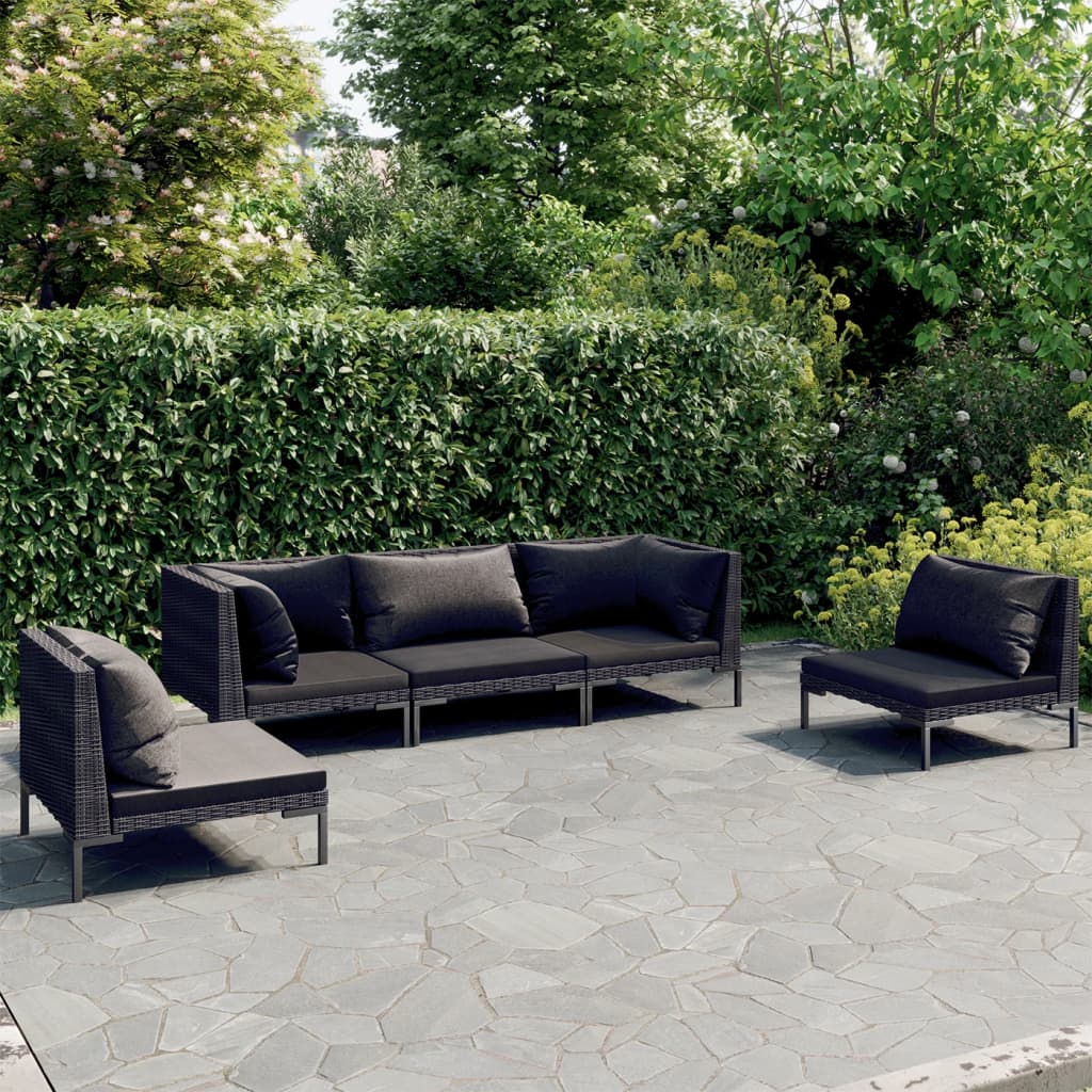 Divani da Giardino 5 pz con Cuscini in Polyrattan Grigio Scuro