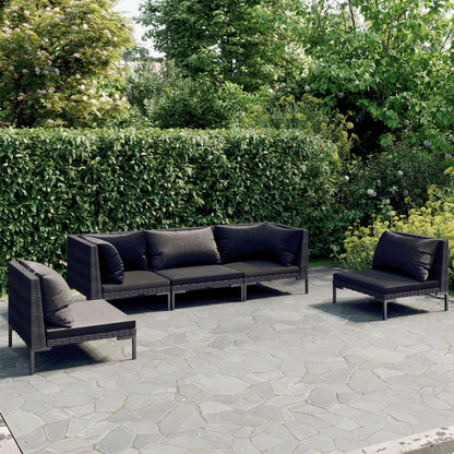Divani da Giardino 5 pz con Cuscini in Polyrattan Grigio Scuro
