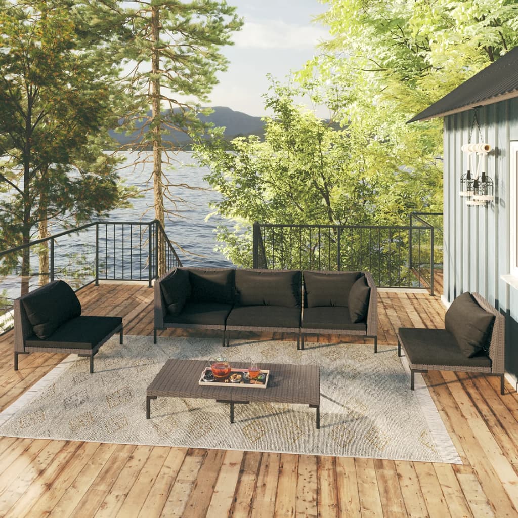 Divani da Giardino 6 pz con Cuscini in Polyrattan Grigio Scuro