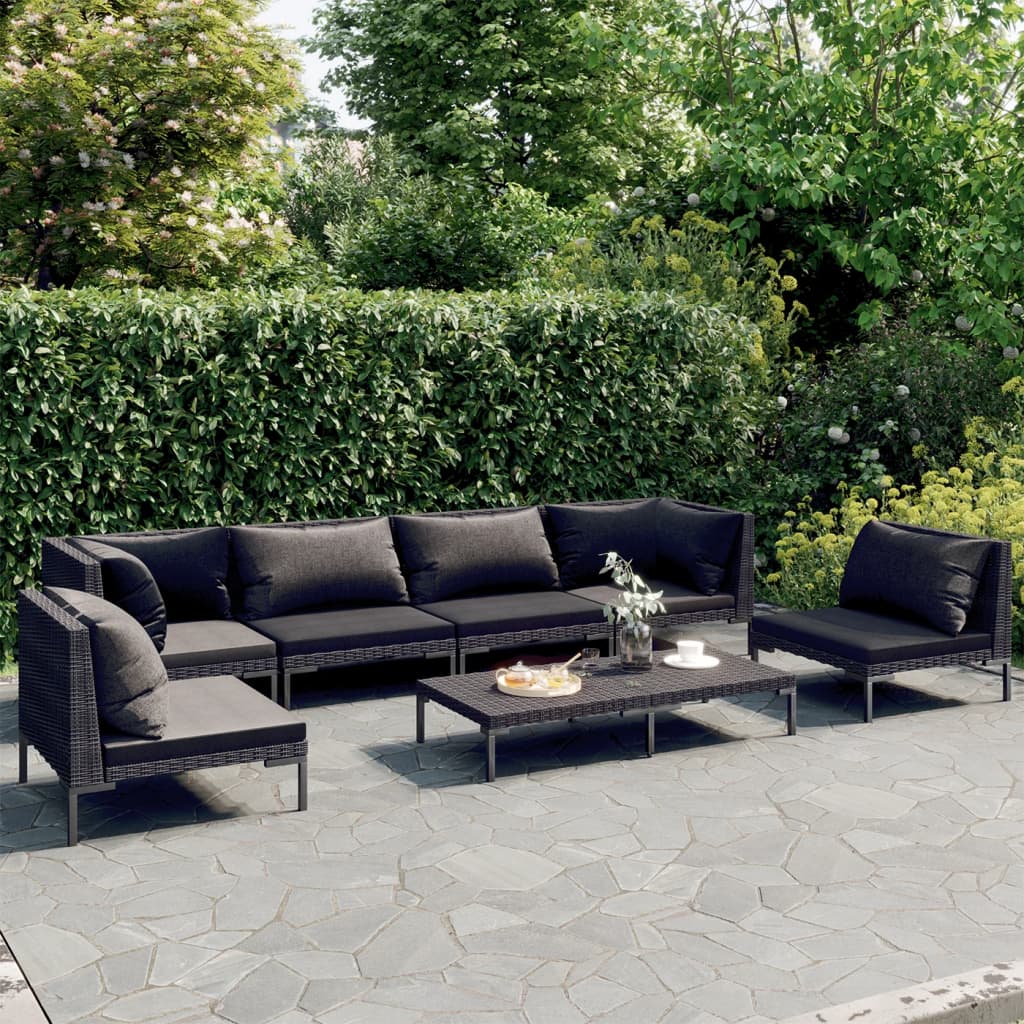 Set Divani da Giardino 7 pz con Cuscini Polyrattan Grigio Scuro