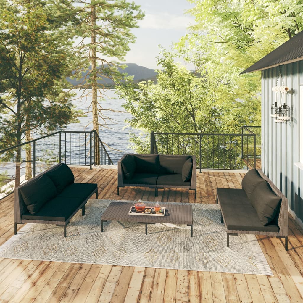 Set Divani da Giardino 7 pz con Cuscini Polyrattan Grigio Scuro