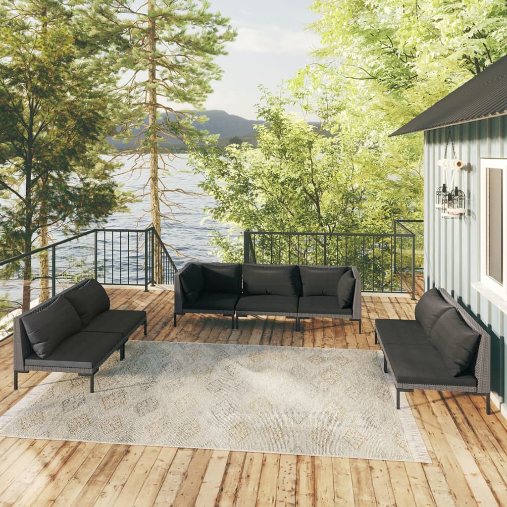 Set Divani da Giardino 7 pz con Cuscini Polyrattan Grigio Scuro