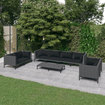 Set Divani da Giardino 9 pz con Cuscini Polyrattan Grigio Scuro