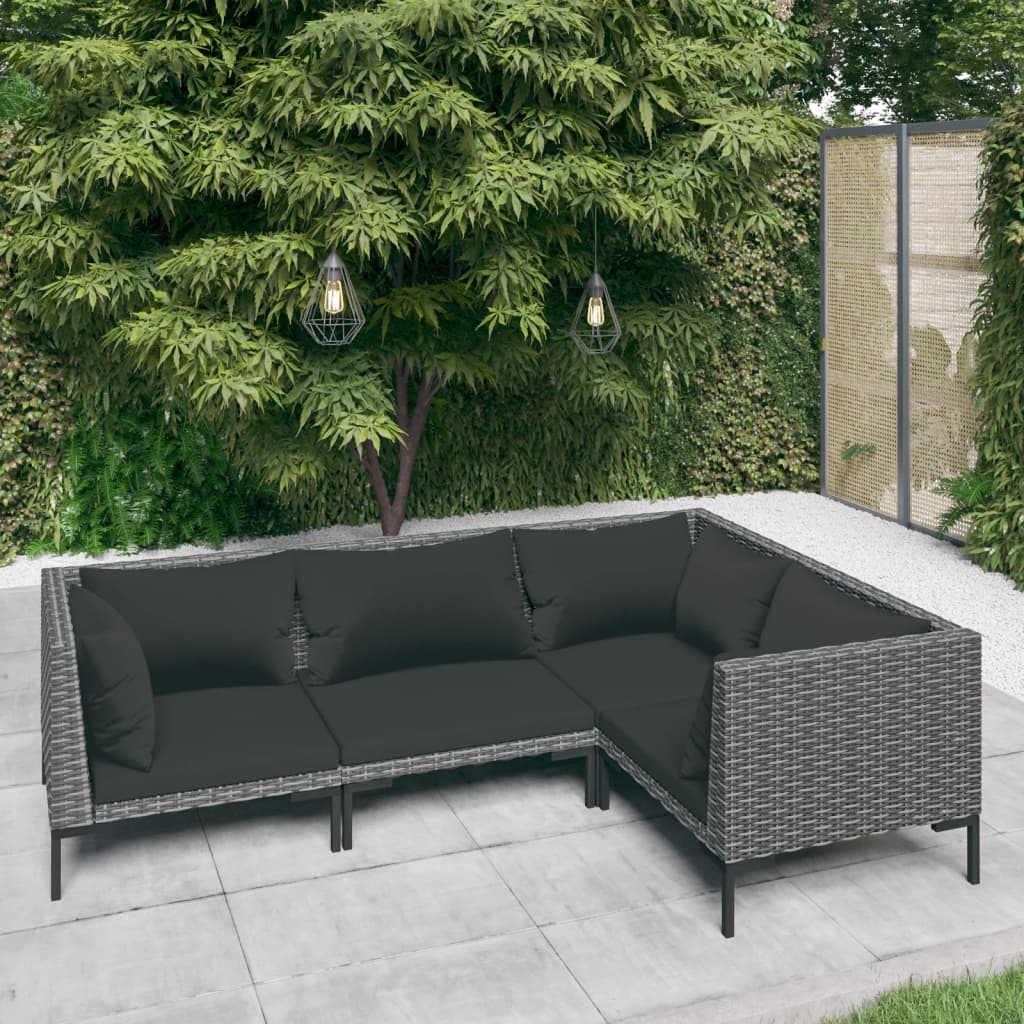 Set Divani da Giardino 4 pz con Cuscini Polyrattan Grigio Scuro