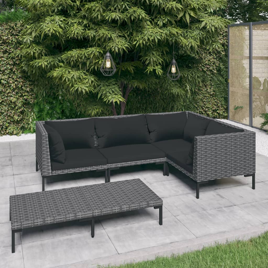 Divani da Giardino 5 pz con Cuscini in Polyrattan Grigio Scuro