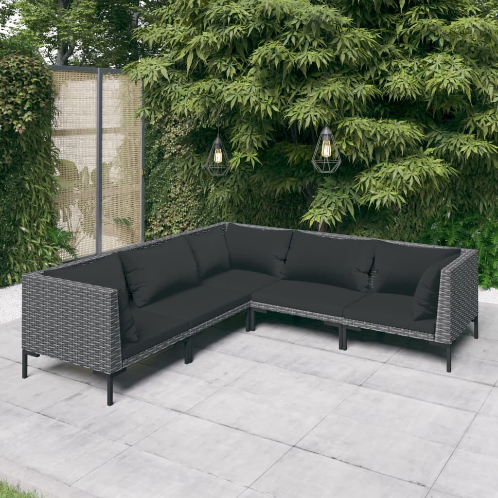 Divani da Giardino 5 pz con Cuscini in Polyrattan Grigio Scuro