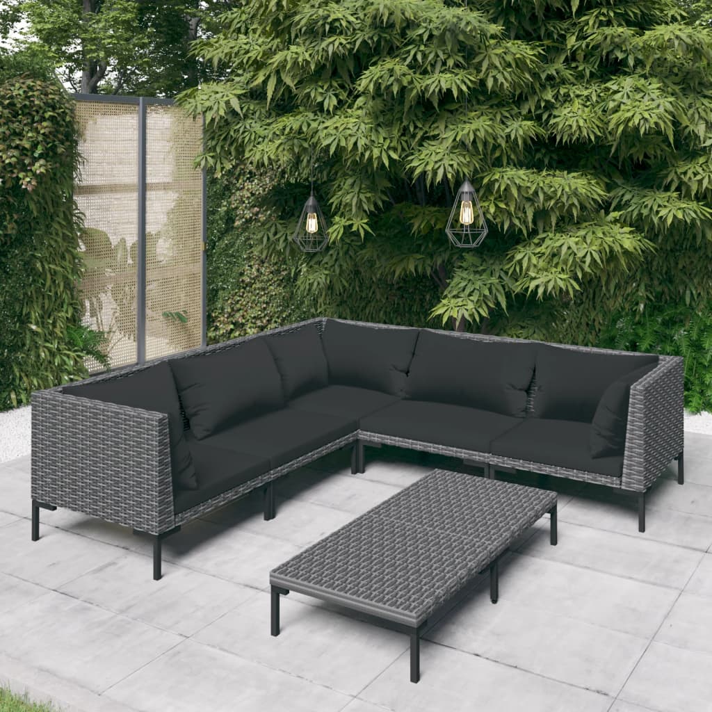 Divani da Giardino 6 pz con Cuscini in Polyrattan Grigio Scuro