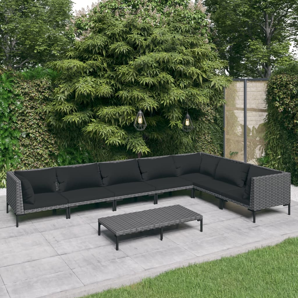 Divani da Giardino 8 pz con Cuscini in Polyrattan Grigio Scuro