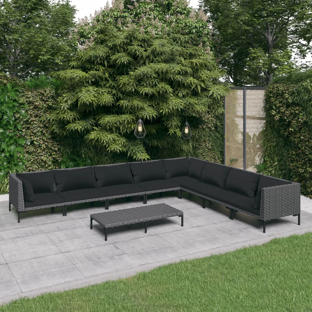Set Divani da Giardino 9 pz con Cuscini Polyrattan Grigio Scuro