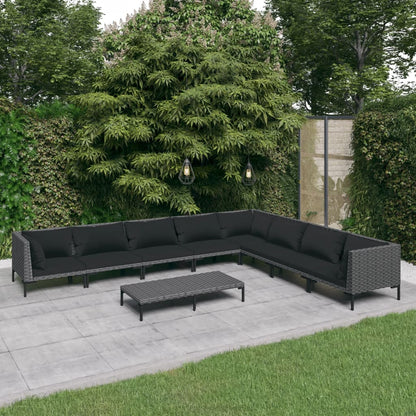 Set Divani da Giardino 9 pz con Cuscini Polyrattan Grigio Scuro
