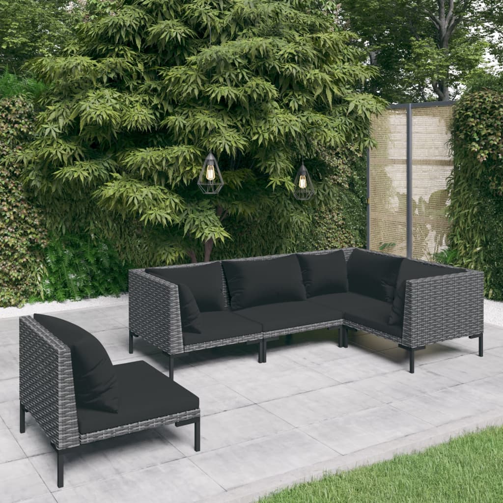Divani da Giardino 5 pz con Cuscini in Polyrattan Grigio Scuro