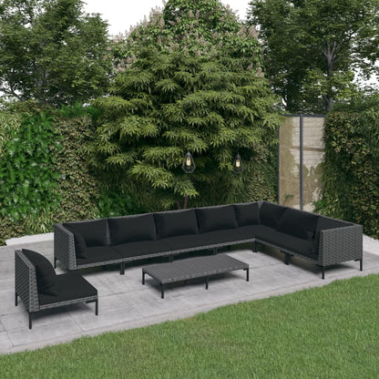 Set Divani da Giardino 9 pz con Cuscini Polyrattan Grigio Scuro