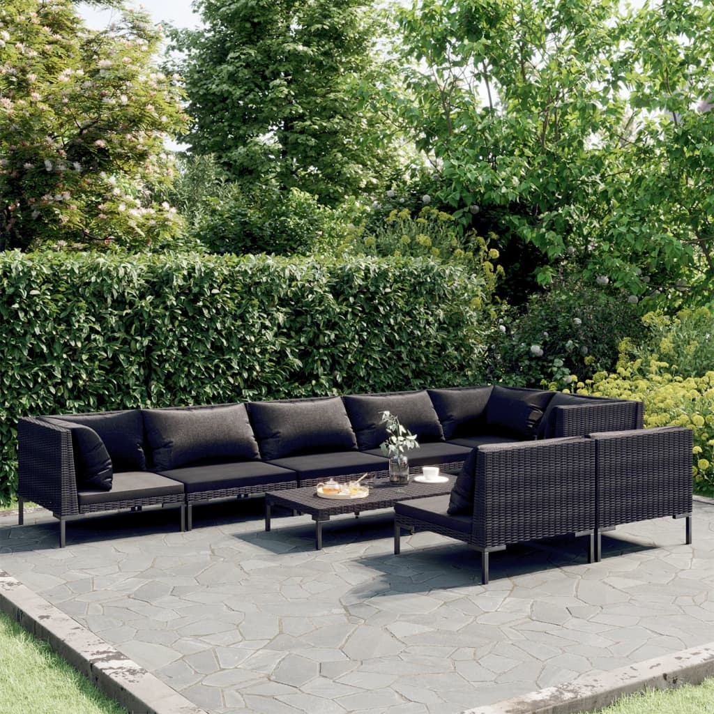 Set Divani da Giardino 9 pz con Cuscini Polyrattan Grigio Scuro