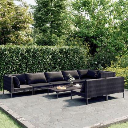 Set Divani da Giardino 9 pz con Cuscini Polyrattan Grigio Scuro