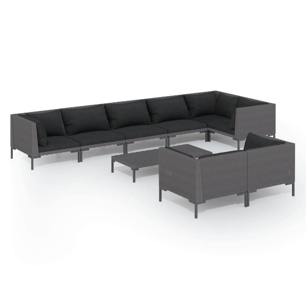 Set Divani da Giardino 9 pz con Cuscini Polyrattan Grigio Scuro
