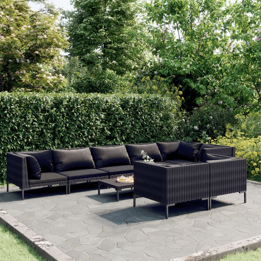 Set Divani da Giardino 9 pz con Cuscini Polyrattan Grigio Scuro