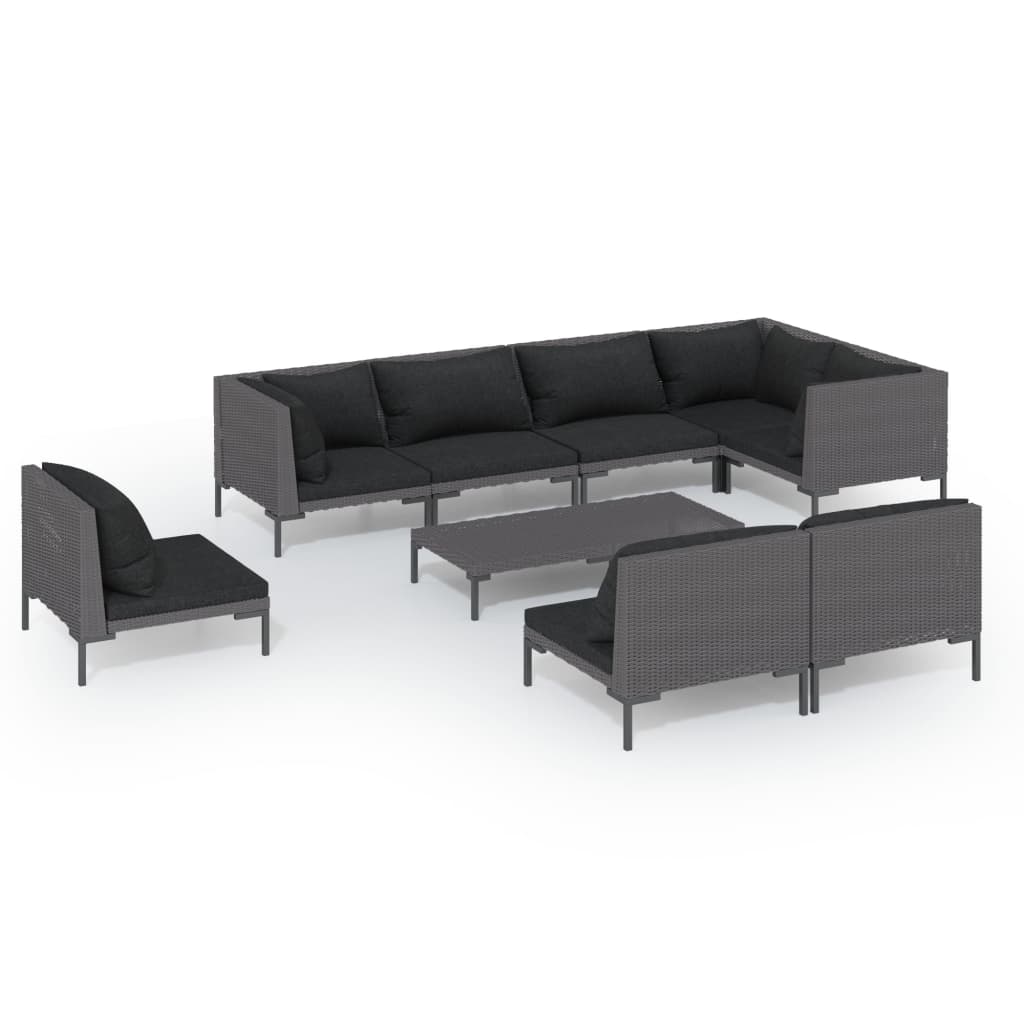 Set Divani da Giardino 9 pz con Cuscini Polyrattan Grigio Scuro