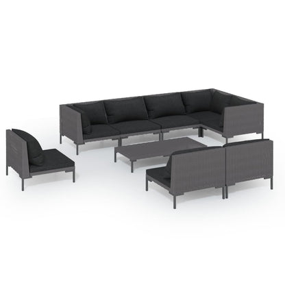 Set Divani da Giardino 9 pz con Cuscini Polyrattan Grigio Scuro