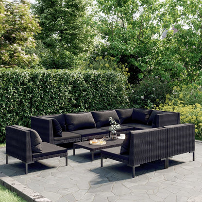 Set Divani da Giardino 9 pz con Cuscini Polyrattan Grigio Scuro