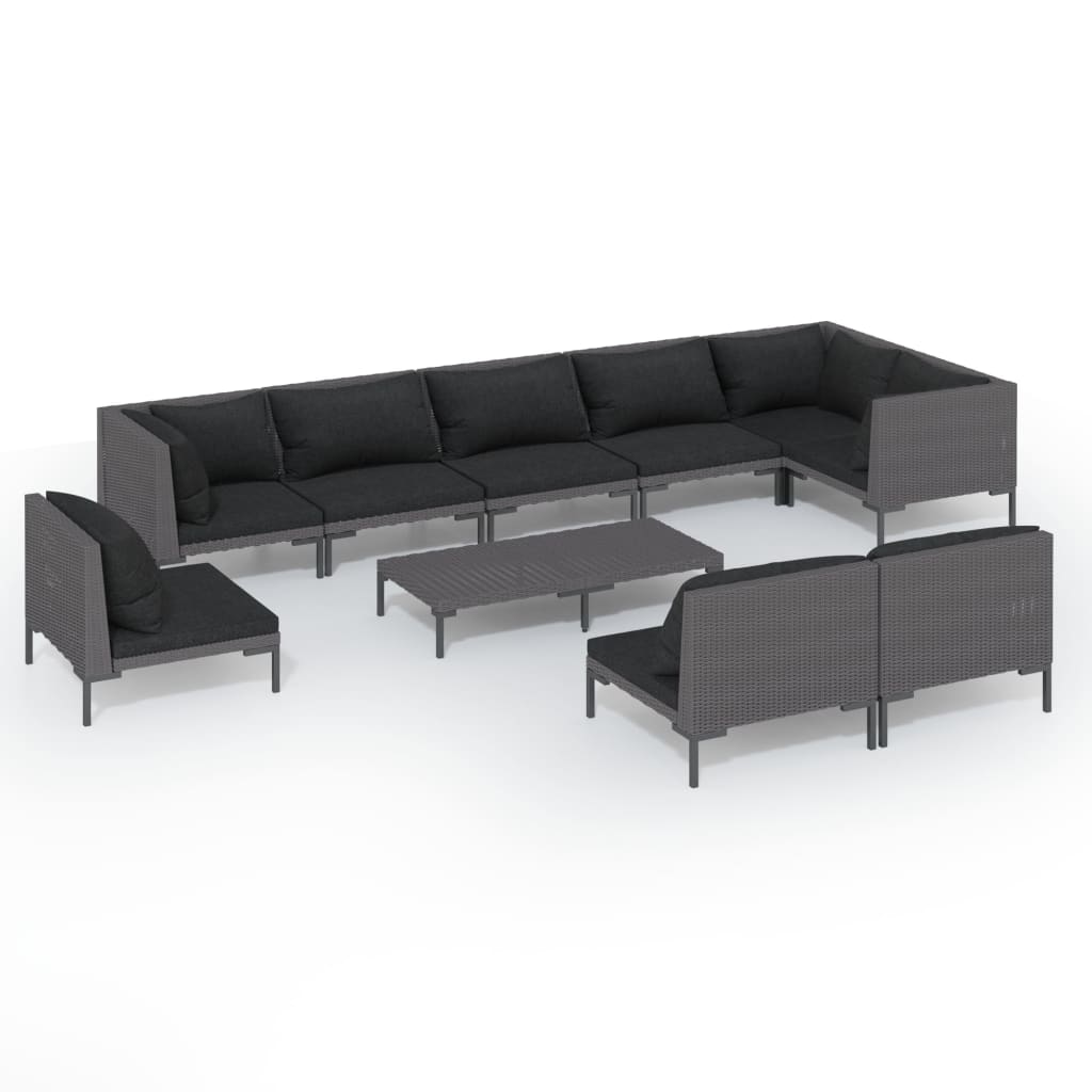 Divani da Giardino 10 pz con Cuscini in Polyrattan Grigio Scuro