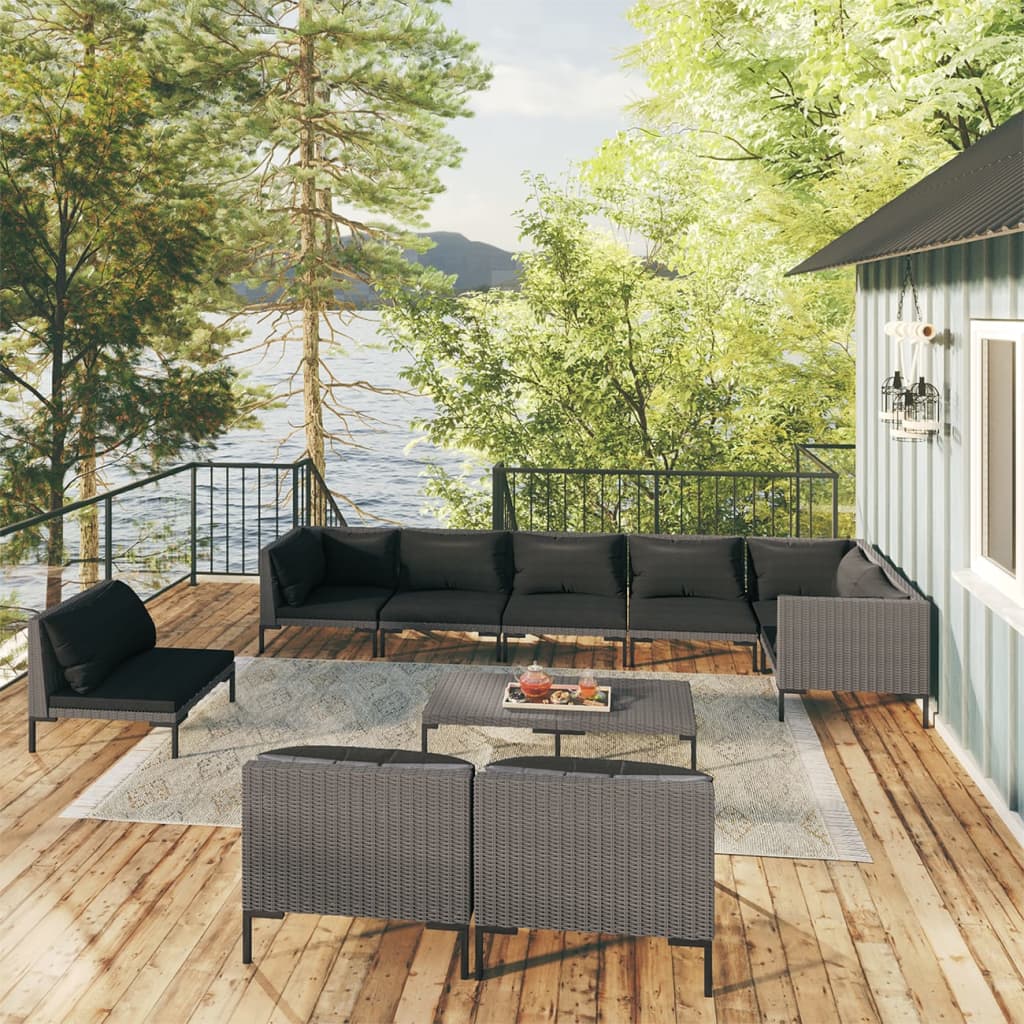 Divani da Giardino 10 pz con Cuscini in Polyrattan Grigio Scuro