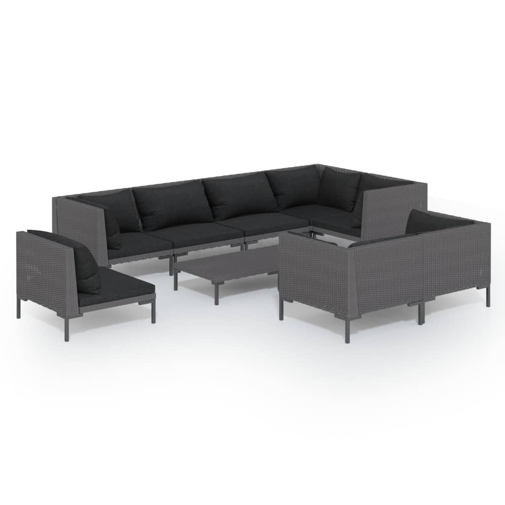 Set Divani da Giardino 9 pz con Cuscini Polyrattan Grigio Scuro