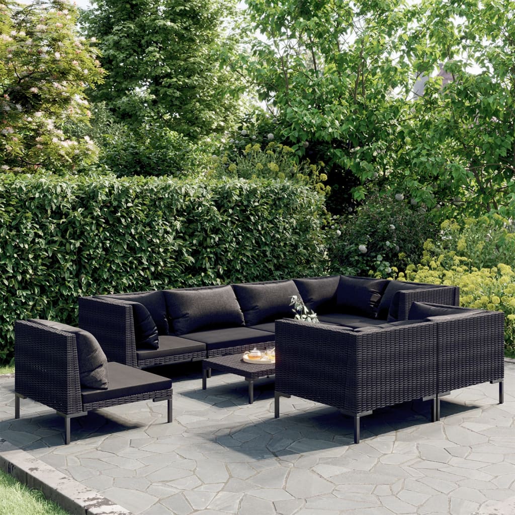 Set Divani da Giardino 9 pz con Cuscini Polyrattan Grigio Scuro