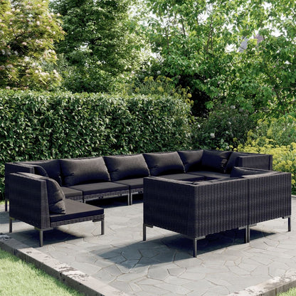 Set Divani da Giardino 9 pz con Cuscini Polyrattan Grigio Scuro