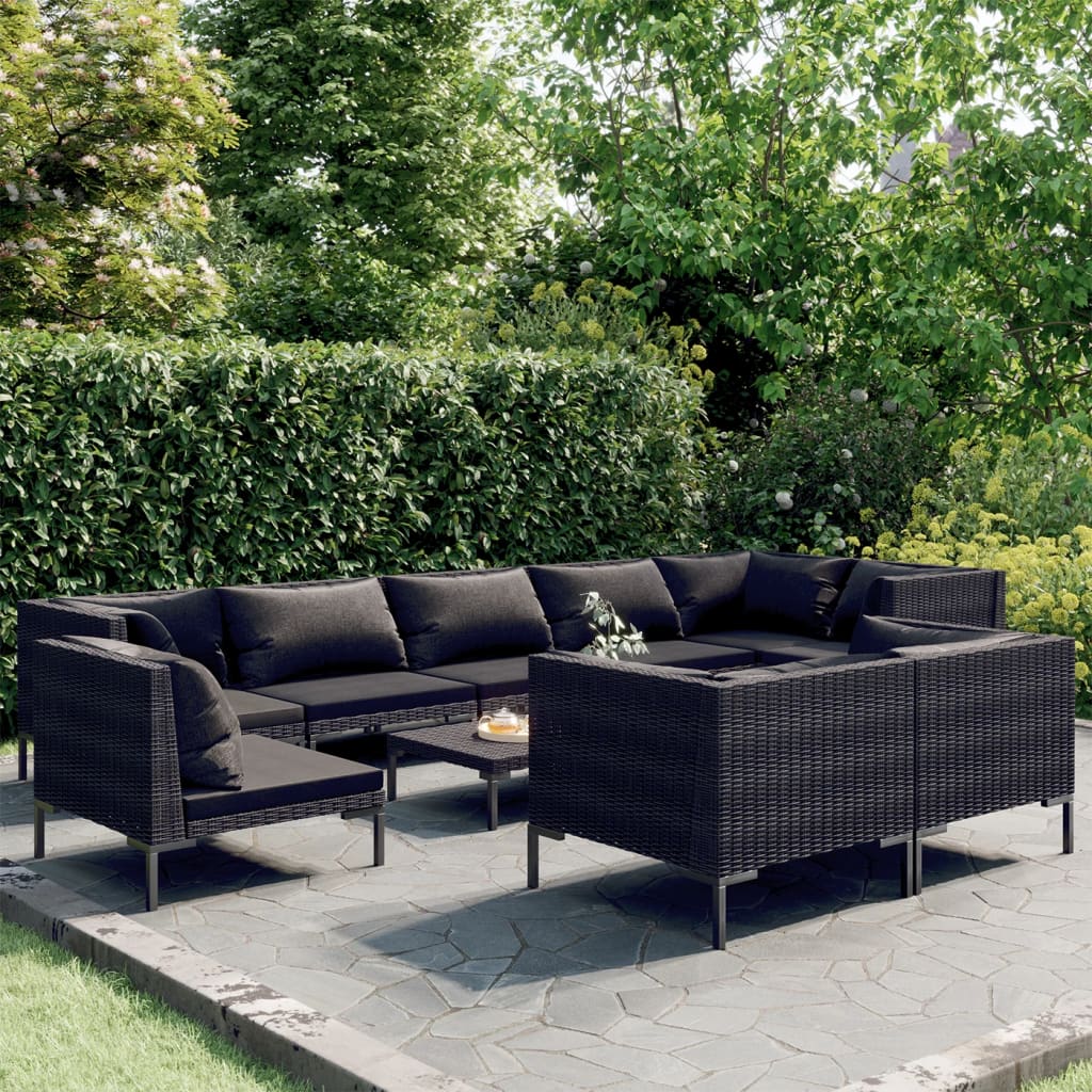 Divani da Giardino 10 pz con Cuscini in Polyrattan Grigio Scuro
