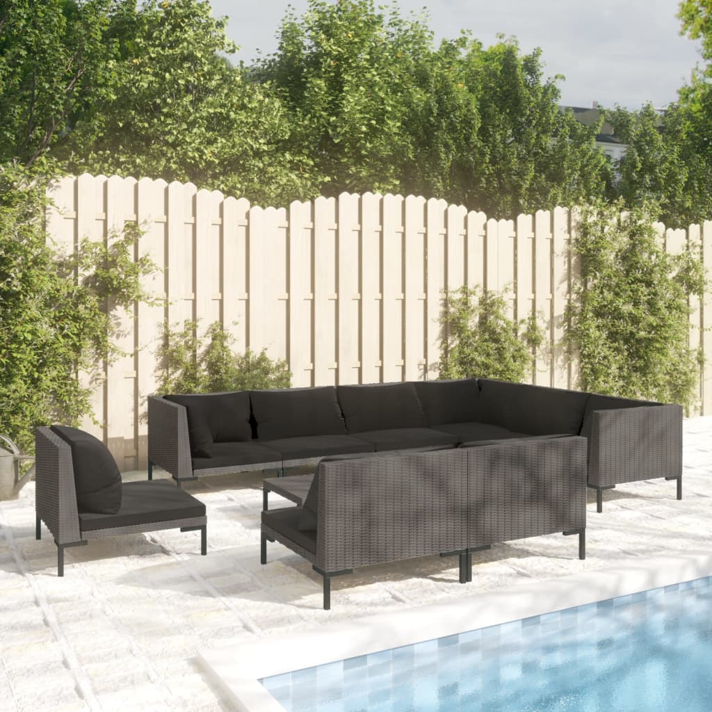 Divani da Giardino 10 pz con Cuscini in Polyrattan Grigio Scuro