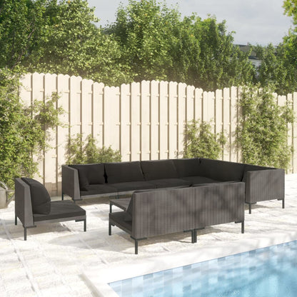 Divani da Giardino 10 pz con Cuscini in Polyrattan Grigio Scuro