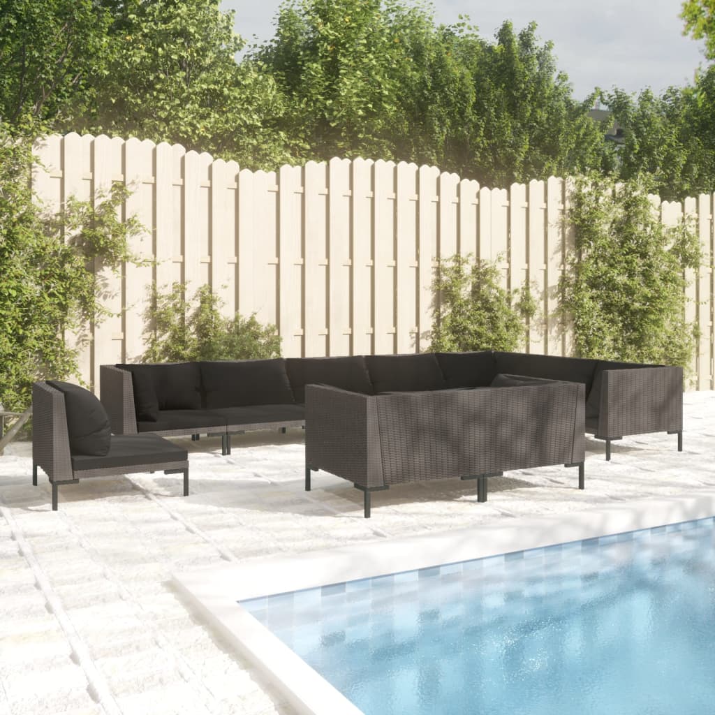 Divani da Giardino 10 pz con Cuscini in Polyrattan Grigio Scuro