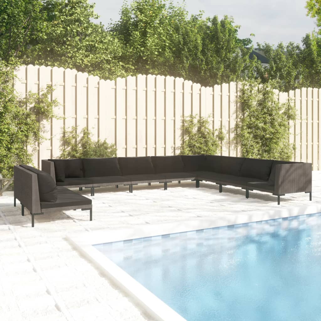 Divani da Giardino 10 pz con Cuscini in Polyrattan Grigio Scuro