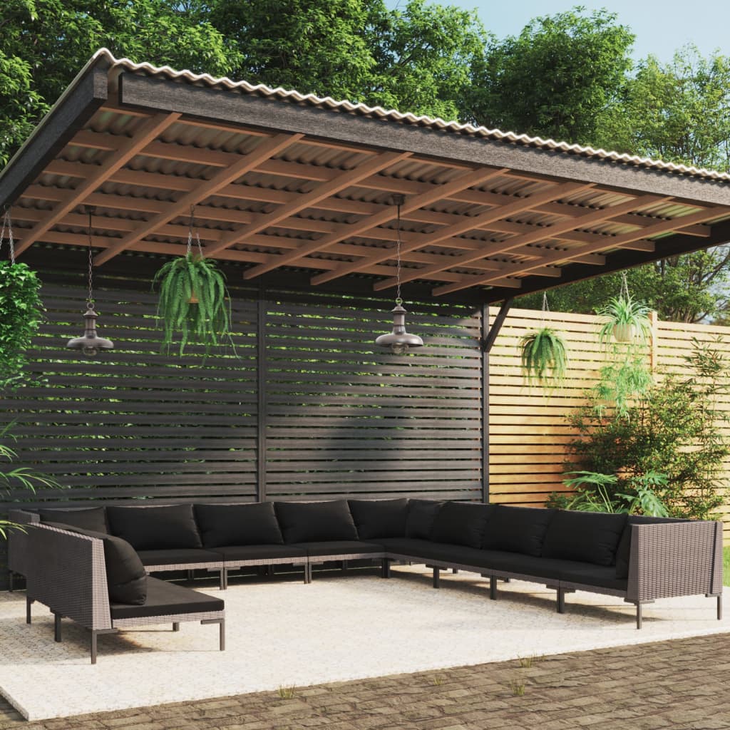 Divani da Giardino 11 pz con Cuscini in Polyrattan Grigio Scuro