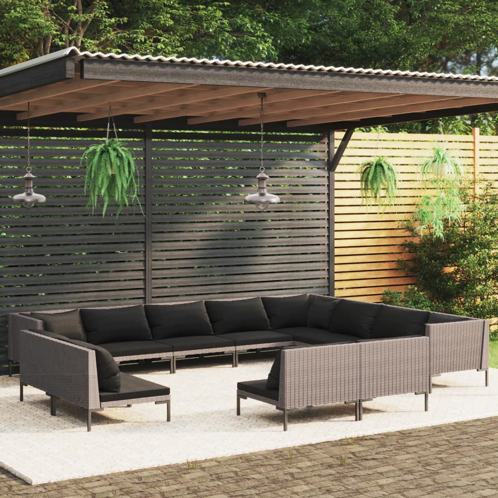 Divani da Giardino 12 pz con Cuscini in Polyrattan Grigio Scuro