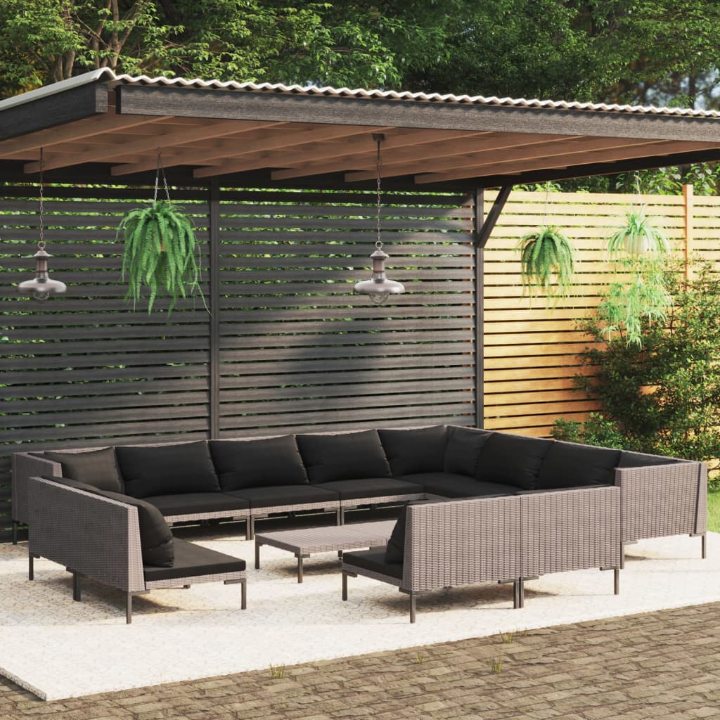 Set Divani da Giardino 13 pz Cuscini in Polyrattan Grigio Scuro
