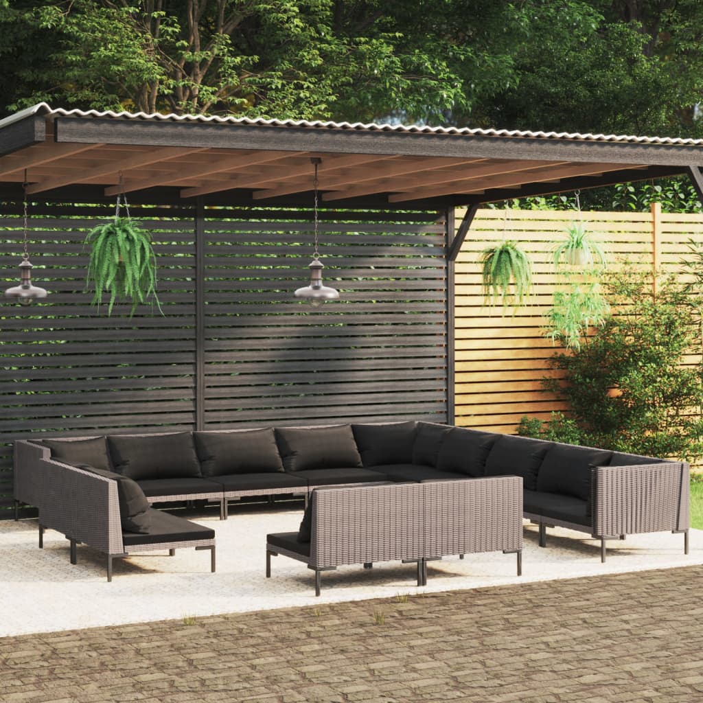 Set Divani da Giardino 13 pz Cuscini in Polyrattan Grigio Scuro