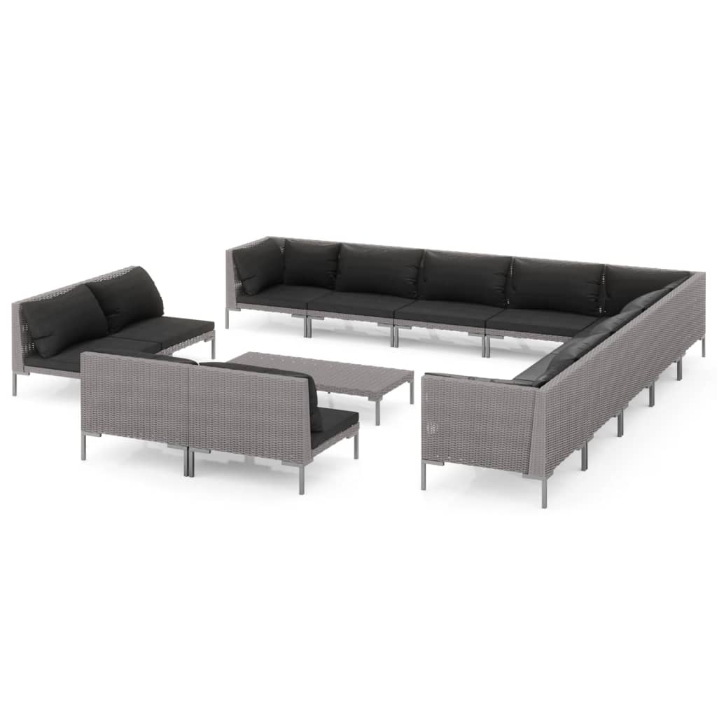 Set Divani da Giardino 14pz con Cuscini Polyrattan Grigio Scuro