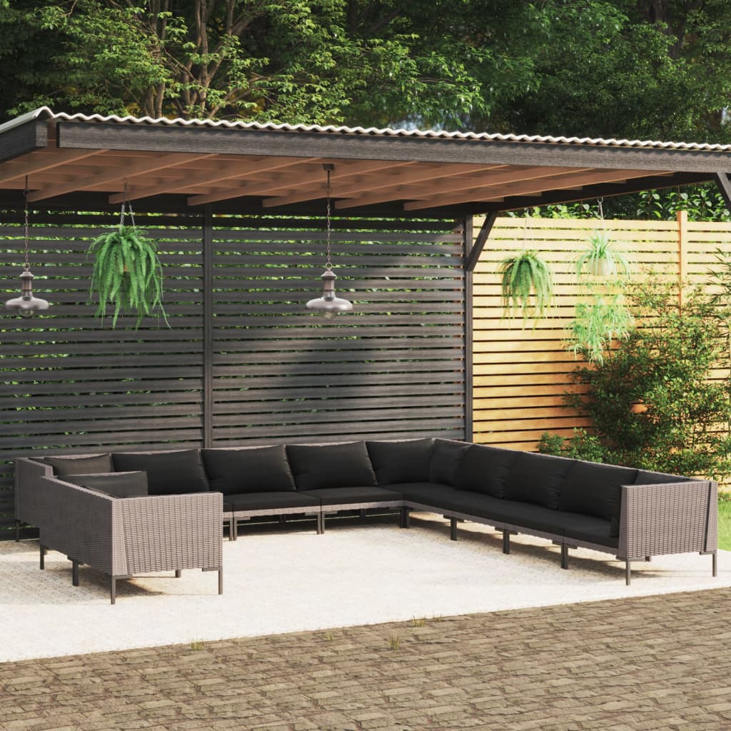 Divani da Giardino 11 pz con Cuscini in Polyrattan Grigio Scuro