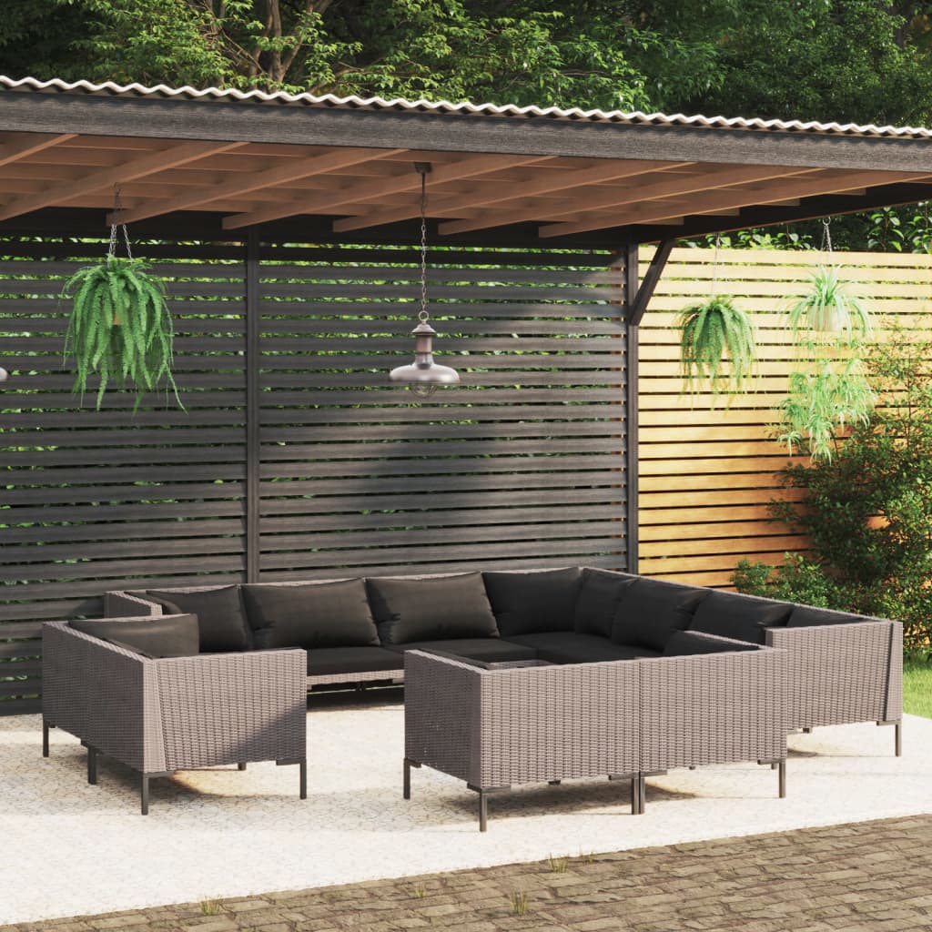Divani da Giardino 11 pz con Cuscini in Polyrattan Grigio Scuro