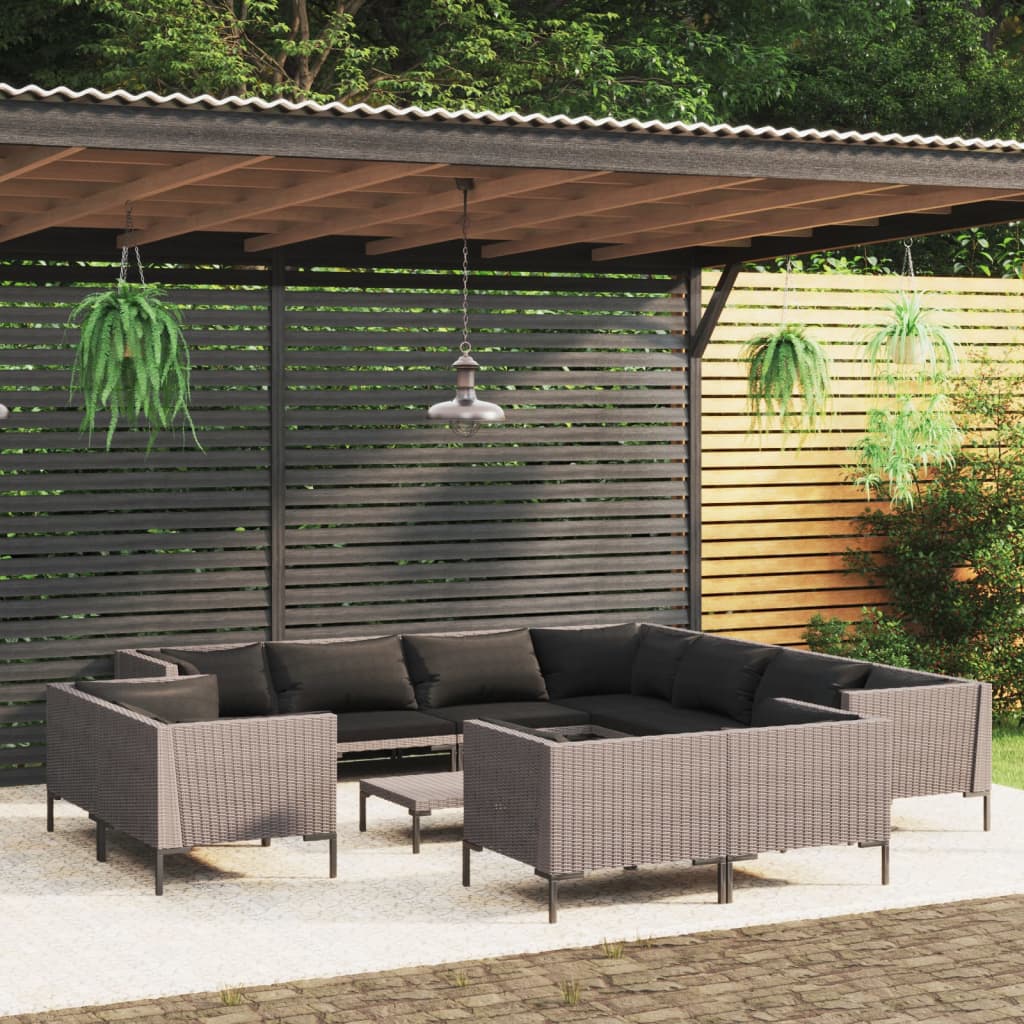 Divani da Giardino 12 pz con Cuscini in Polyrattan Grigio Scuro