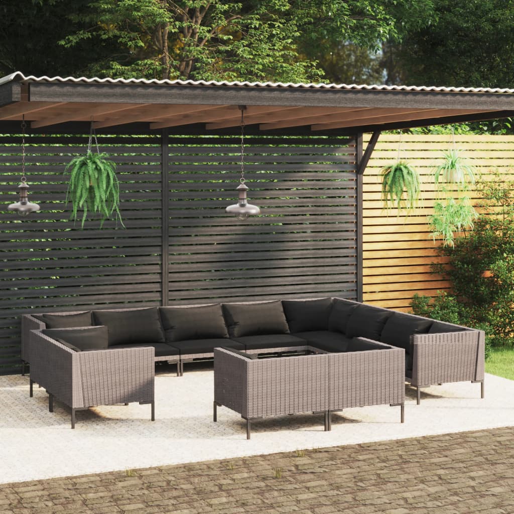 Divani da Giardino 12 pz con Cuscini in Polyrattan Grigio Scuro