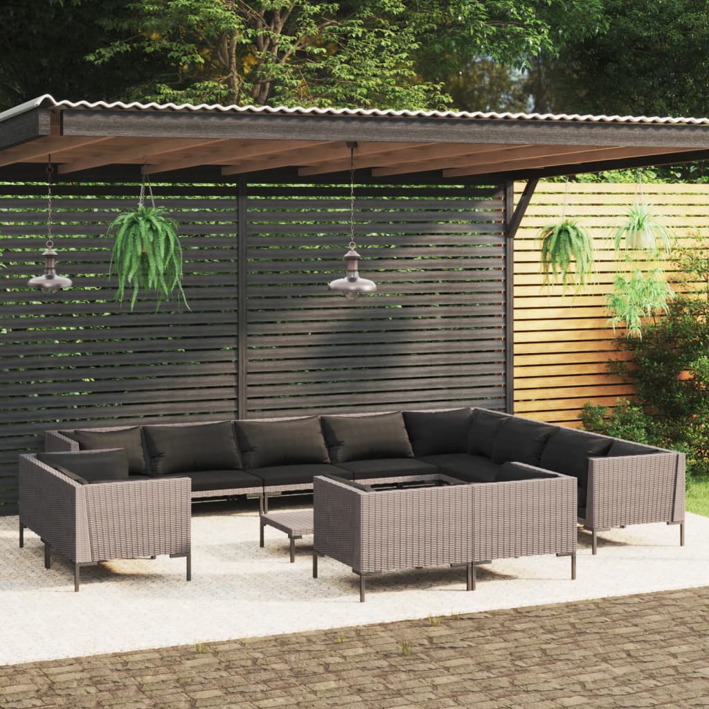 Set Divani da Giardino 13 pz Cuscini in Polyrattan Grigio Scuro