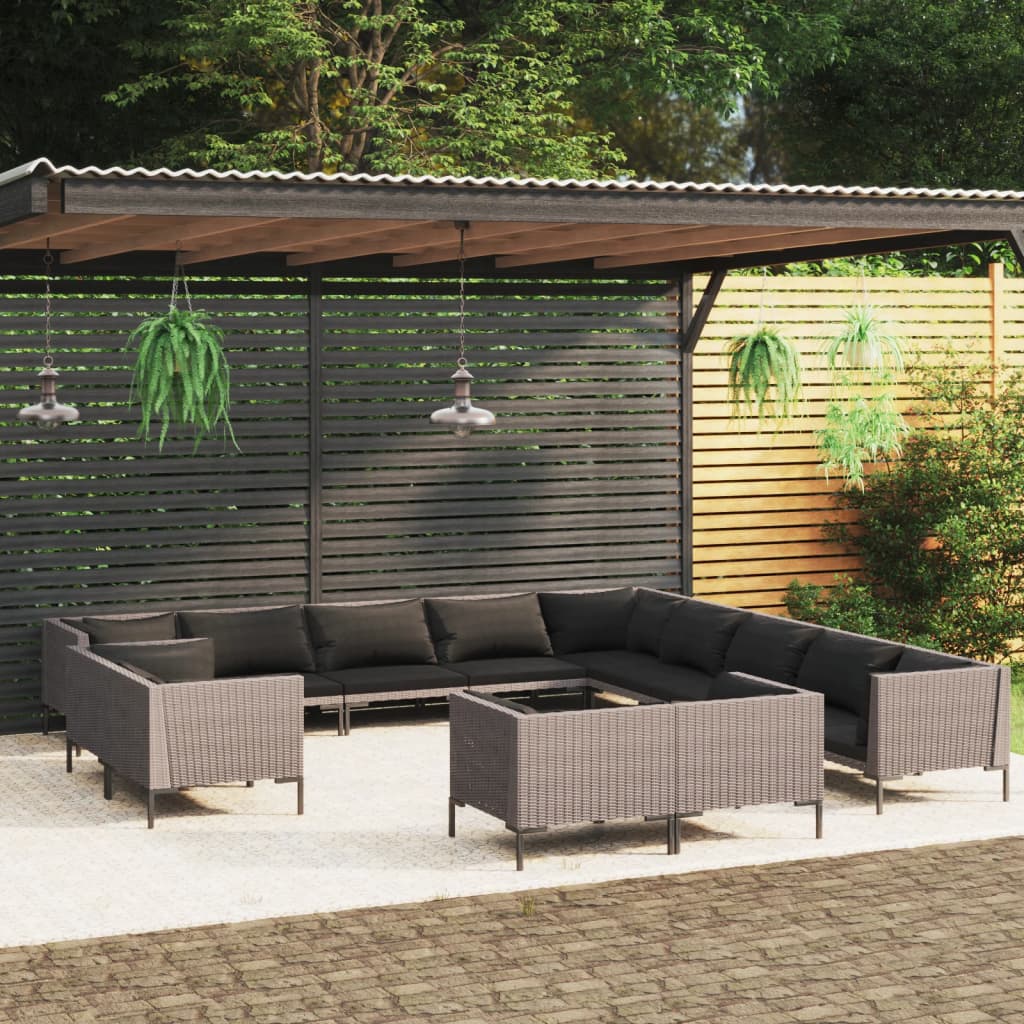 Set Divani da Giardino 13 pz Cuscini in Polyrattan Grigio Scuro