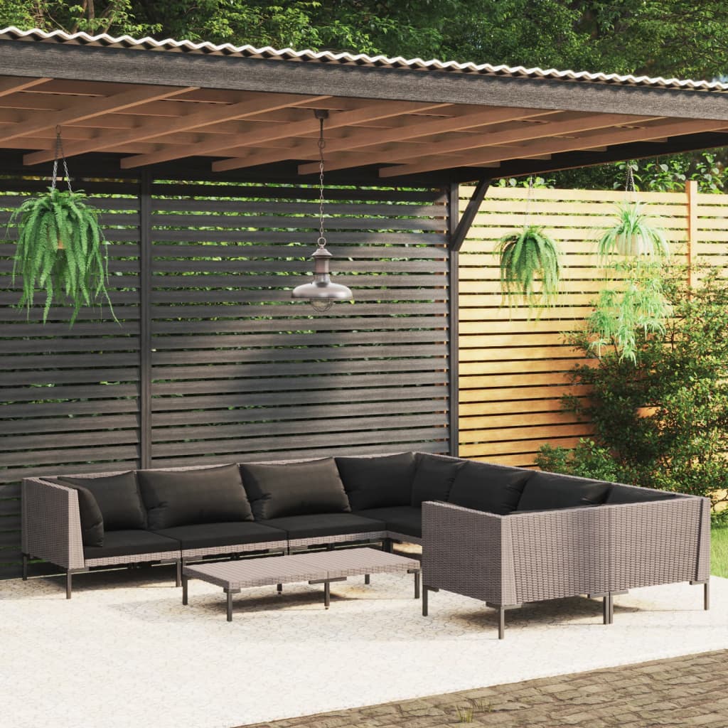 Set Divani da Giardino 9 pz con Cuscini Polyrattan Grigio Scuro